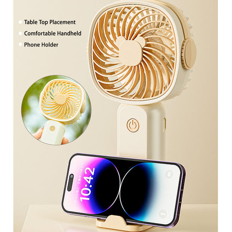 Multi Functional Usb Mobile Phone Stand With Handheld Fan, Cream Color Three Modes: Desktop Placement, Handheld, And Mobile Phone Stand