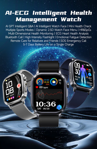 EIGIIS brand ET573 AI ECG Smart Health Management Watch, Black Case with Black Band: Flashlight, Bluetooth Calling, Pedometer/Calorie/Distance Tracking, Multiple Sports Modes, Alarm Clock, Weather Forecast