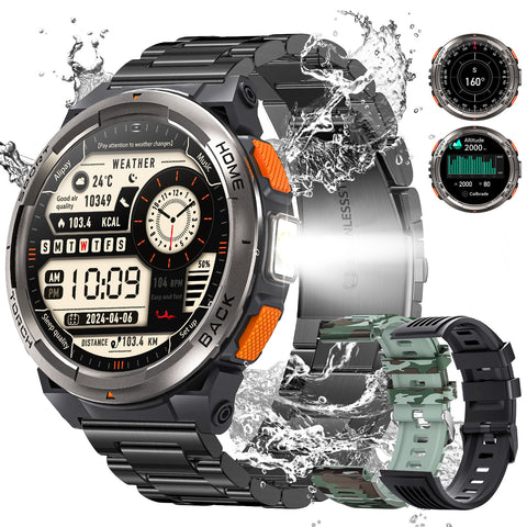 EIGIIS KE5 Military Smart Watch for Men 3ATM Waterproof with LED Flashlight 1.45" Rugged Tactical Smartwatch with Compass Elevation Barometer Sports Fitness Tracker with HR/SPO2/Sleep Monitor for iPhone Android