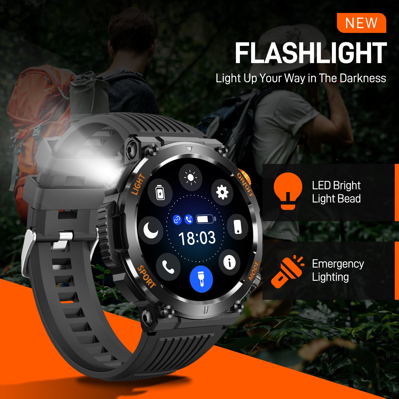 EIGIIS Military Smart Watch for Men with Flashlight (Make/Answer Call)