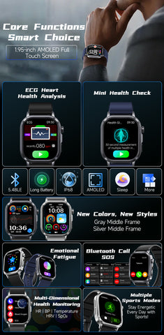 EIGIIS brand ET573 AI ECG Smart Health Management Watch, Black Case with Black Band: Flashlight, Bluetooth Calling, Pedometer/Calorie/Distance Tracking, Multiple Sports Modes, Alarm Clock, Weather Forecast