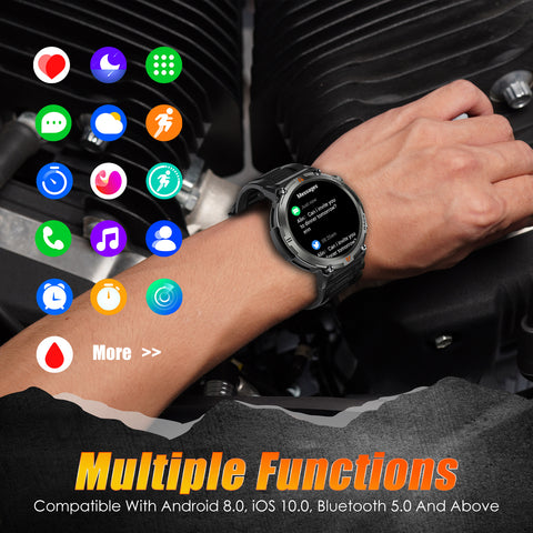 Military Smart Watch with LED Flashlight for Men Bluetooth Call 1.45" Big Screen Rugged Tactical Smartwatch Compatible with iPhone Android Phones Outdoor Fitness Tracker Watch with Heart Rate Sleep Monitor Pedometer