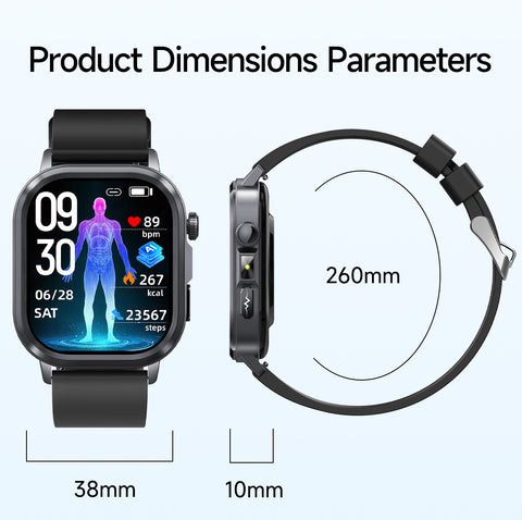 EIGIIS brand ET573 AI ECG Smart Health Management Watch, Black Case with Black Band: Flashlight, Bluetooth Calling, Pedometer/Calorie/Distance Tracking, Multiple Sports Modes, Alarm Clock, Weather Forecast