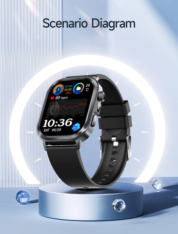EIGIIS brand ET573 AI ECG Smart Health Management Watch, Black Case with Black Band: Flashlight, Bluetooth Calling, Pedometer/Calorie/Distance Tracking, Multiple Sports Modes, Alarm Clock, Weather Forecast