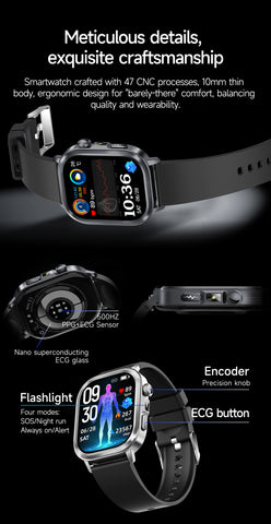 EIGIIS brand ET573 AI ECG Smart Health Management Watch, Black Case with Black Band: Flashlight, Bluetooth Calling, Pedometer/Calorie/Distance Tracking, Multiple Sports Modes, Alarm Clock, Weather Forecast