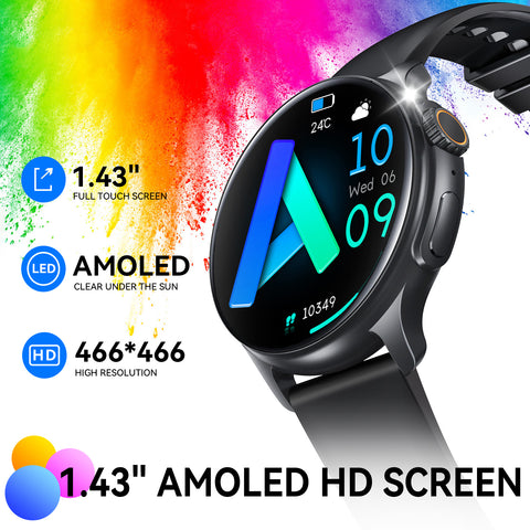 Smart Watch for Men Women (Answer/Make Calls) 1.43" AMOLED HD Screen Fitness Tracker Watch with Heart Rate Sleep Monitor Activity Tracker 100+ Sport Modes Step Counter Watch Smartwatch for iOS Android