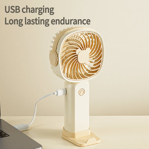 Multi Functional Usb Mobile Phone Stand With Handheld Fan, Cream Color Three Modes: Desktop Placement, Handheld, And Mobile Phone Stand