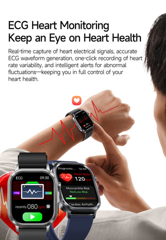 EIGIIS brand ET573 AI ECG Smart Health Management Watch, Black Case with Black Band: Flashlight, Bluetooth Calling, Pedometer/Calorie/Distance Tracking, Multiple Sports Modes, Alarm Clock, Weather Forecast