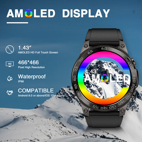 Smart Watch for Men 1.43 Inch AMOLED Always On Display Big Screen Smart Watch with Text and Call Fitness Watch with Heart Rate Blood Pressure Sleep Tracker Sport Smart Watch for iPhone Andorid Phones