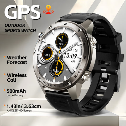 EIGIIS New Men's Smart Watch With GPS, 1.43'' AMOLED Screen 170+ Sport Mode 500 mAh Large Battery, Outdoor Perfect Partner, Wireless Phone (Answer/Dial), Massive Dials Free Change, Smart Watch For iPhone Android Phones, Cool Fashion Watch, Holiday Gifts