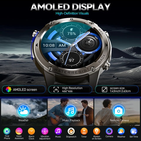 EIGIIS Best New GPS-Support Sport Smartwatch For Men, 170+ Outdoor Modes, 500 mAh Big Battery, 1.43 Inch AMOLED Screen, 6 Theme Styles, Massive Dials Free Change, Cool Wristwatch, Metal Shell, Smartwatch For Android iPhone Phones