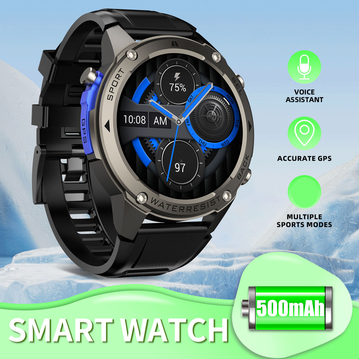 EIGIIS Best New GPS-Support Sport Smartwatch For Men, 170+ Outdoor Modes, 500 mAh Big Battery, 1.43 Inch AMOLED Screen, 6 Theme Styles, Massive Dials Free Change, Cool Wristwatch, Metal Shell, Smartwatch For Android iPhone Phones