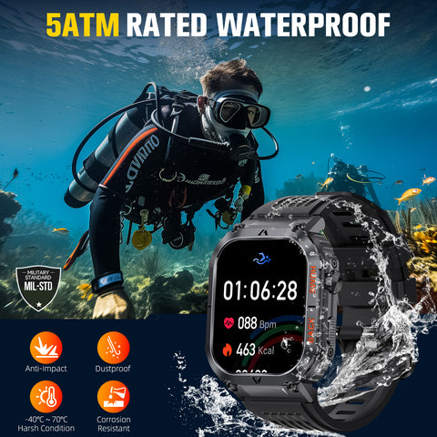 Military Smart Watch for Men (Call Receive/Dial) 2.02" HD Always On Display 5ATM Waterproof Rugged Tactical Smartwatch with Compass Fitness Watch with Heart Rate Blood Pressure Monitor for Android iOS