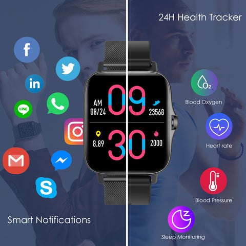 EIGIIS Smart Watch for Women Men 1.69 inch Fashionable Smartwatch with Bluetooth Dail Waterproof Fitness Watch with Heart Rate Blood Oxygen Monitor Pedometer Activity Trackers for iOS Android