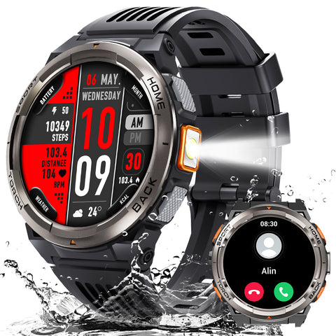 EIGIIS KE5 Military Smart Watch for Men 3ATM Waterproof with LED Flashlight 1.45" Rugged Tactical Smartwatch with Compass Elevation Barometer Sports Fitness Tracker with HR/SPO2/Sleep Monitor for iPhone Android