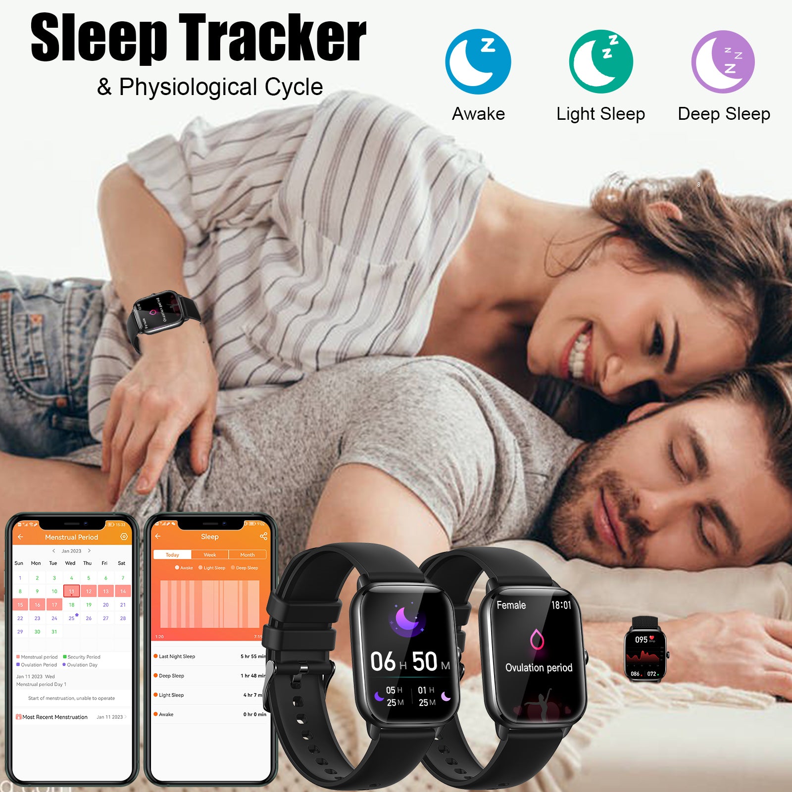 EIGIIS Smart Watches for Women Men, HD Full Touch Screen Fitness