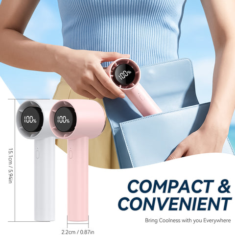 Digital Display Handheld Cylindrical Fan, Pink, 2000 Mah Rechargeable, Silent Turbo Blade Handheld Fan; Dual-Use Desktop/Handheld Fan For Rapid Cooling Ideal For Travel, Camping, Outdoor Activities, And Home Use