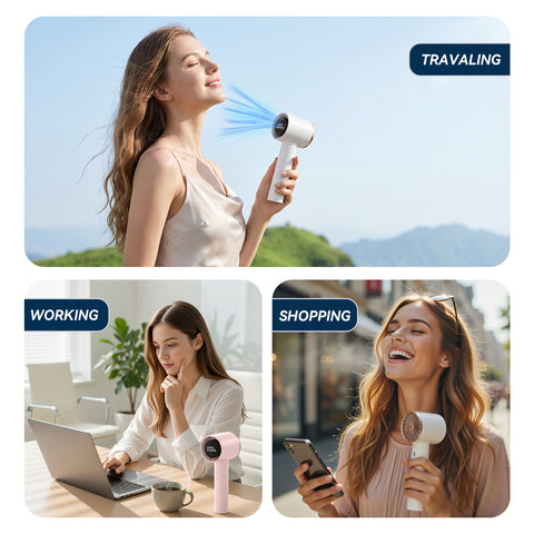 Digital Display Handheld Cylindrical Fan, Pink, 2000 Mah Rechargeable, Silent Turbo Blade Handheld Fan; Dual-Use Desktop/Handheld Fan For Rapid Cooling Ideal For Travel, Camping, Outdoor Activities, And Home Use