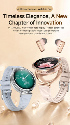 2 in 1 Smartwatch with TWS Wireless Earbuds 1.43 Inch AMOLED Display HD Touch Screen Wireless Call Outdoor Activity Fitness Tracker IP67 Waterproof Smart Watch for Men Women Gift Choice