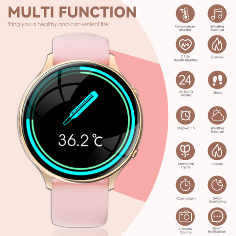 EIGIIS Smart Watch for Women, Fashionable Fitness Watch with Calorie Temperature Monitor Female Health Monitor Lady Sports Watch with 24 Sports Modes Activity Trackers Watch for iOS Android Phone