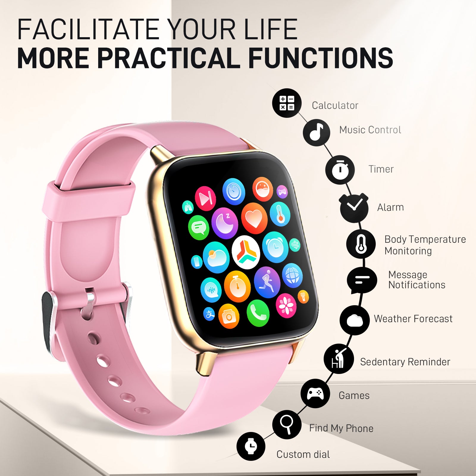 Smartwatch for Women - Call, Fitness Tracker, Heart Rate & Sleep Monitor,  1.69 Touch Screen, Waterproof - For Android & iPhone, Pink